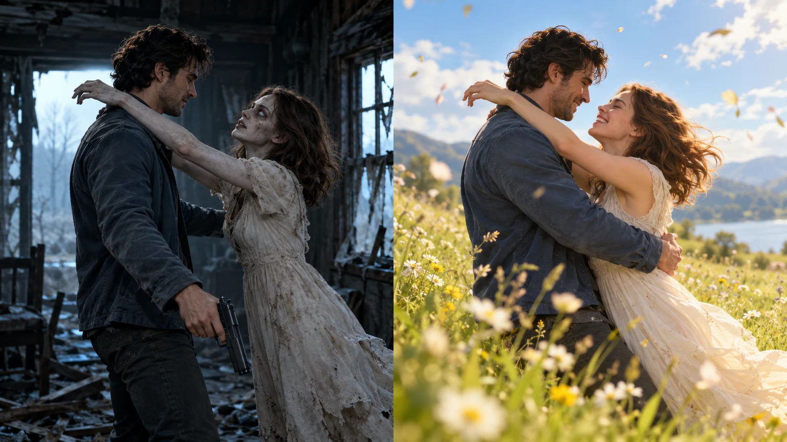Concept illustration: the same couple embraces in a ruined cabin and a sunny meadow